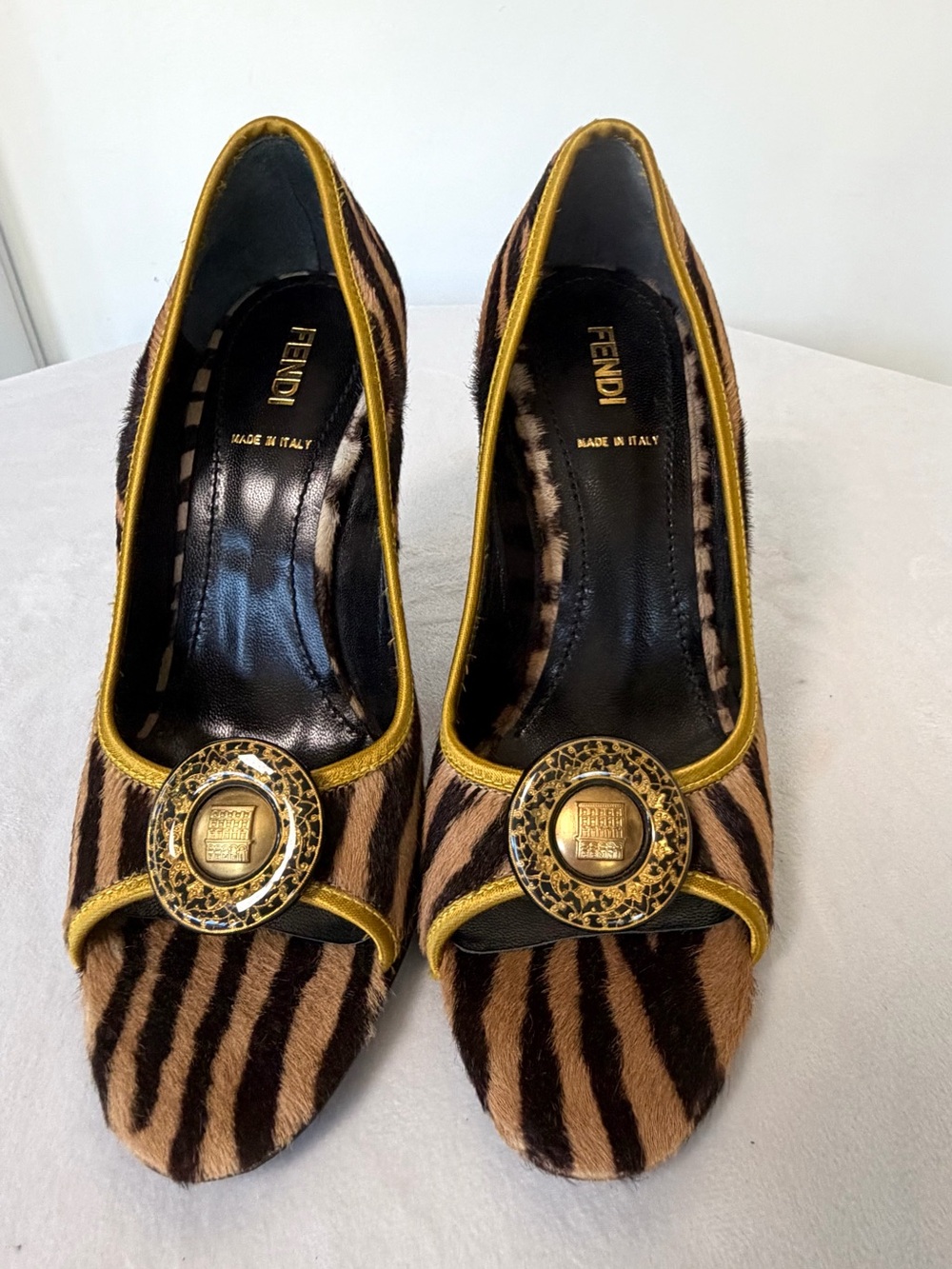 Fendi Calfhair Zebra Peep-Toe Heel, Gold Flagship Emblem, 36.5, some balding - Picture 3 of 16